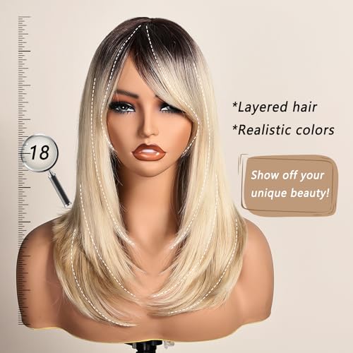 Balayage Layered Bob Wig - Ombre Blonde with Black Roots, Honey Blonde Highlights, 18 Inch Synthetic Wig with Thick Bangs & Curved Tail - Honey Blonde Variation