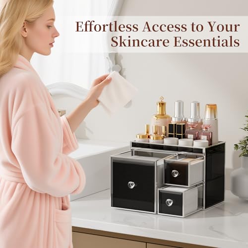 Multifunctional Face Towel Holder with 3 Drawers ? Tempered Glass Cotton Pad & Swab Organizer ? Disposable Face Towel Holder for Bathroom Vanity