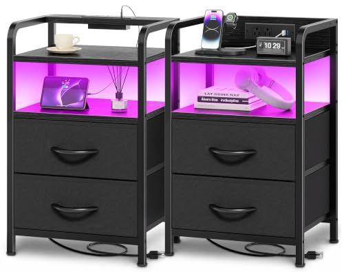Huuger Black Nightstands Set of 2 with LED Lights and Charging Station