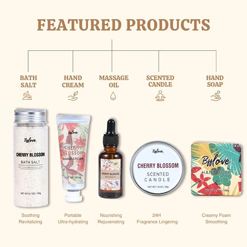 BFFLOVE Gift Set for Women - 5pcs Cherry Blossom Spa Gifts for Women, Birthday, Anniversary, Mother's Day Gifts for Her with Massage Oil, Scented Candle, Bath Salts, Hand Cream