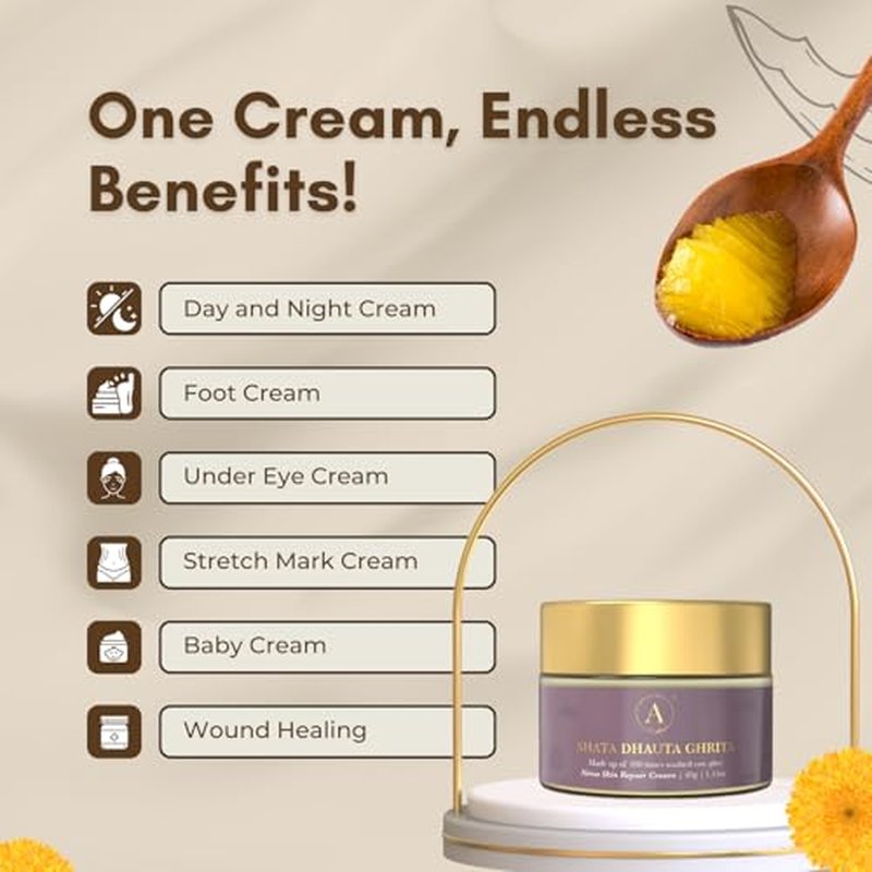 ADHYAY Shata Dhauta Ghrita Skin Renewal Cream Nourishing Hydrating & Age-Defying Ayurvedic Formula Wrinkle Repair & Skincare Infused with 100 times washed Cow Ghee & Marigold Extracts 40 g (Pack of 1)