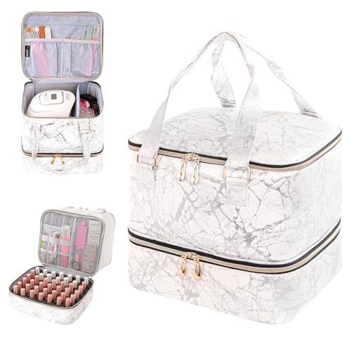 Nail Polish Organizer, Double Layer Nail Polish Storage Bag Carrying Case Holds 42 Bottles with Nail Dryer Lamp Portable Manicure kit supplies Organizer £¨White£©