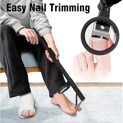 Long Handled Toenail Clippers with Magnifier, Ergonomic Wide Jaw for Thick Nails, Easy Reach Pedicure Tool for Seniors, Arthritis & Overweight, 28in Black