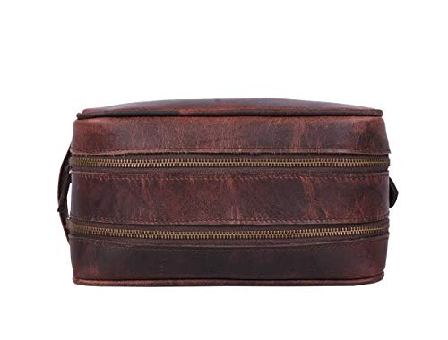 Leather Toiletry Bag for Men and Women - Walnut 10.5 Inch Travel Dopp Kit