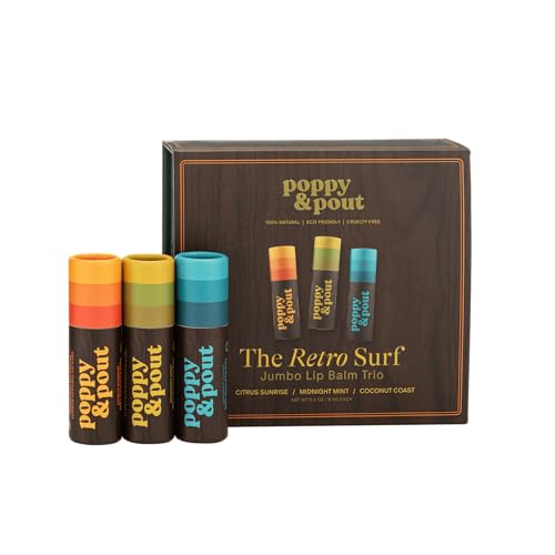 Poppy & Pout Jumbo Lip Balm Gift Set - 3 Retro Surf Flavors, Natural & Cruelty-Free