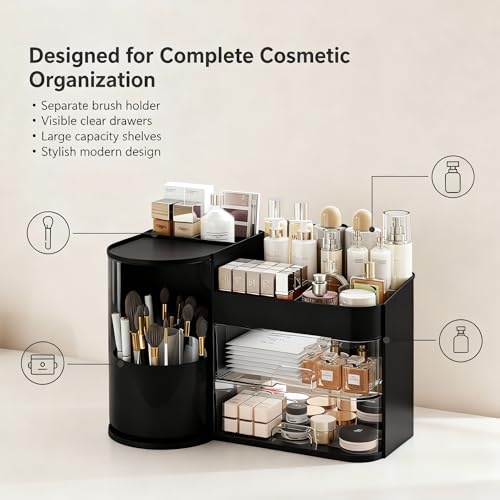 Makeup Organizer with Rotating,Large Bathroom Countertop Cosmetic Organizer with Brushes Holder,Skincare Storage Organizer,Ideal makeup holder for Skincare,Lipstick,etc (Light Luxury Black)