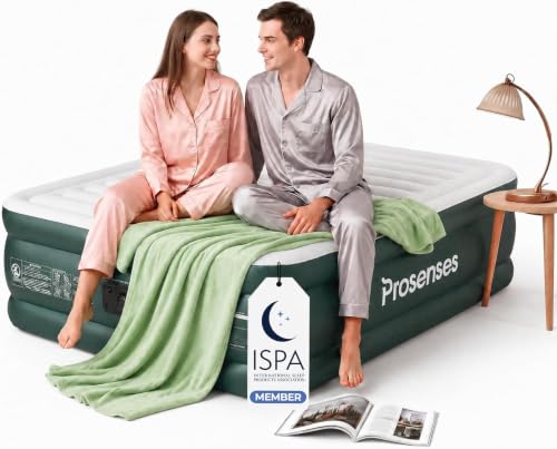 Queen Air Mattress with Built-in Pump, 18in, Green, 3-Layer Laminated Surface
