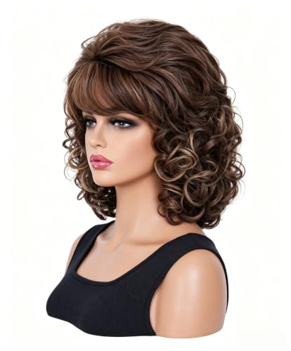 Brown Mixed Wavy Short Wig with Bangs for Women - Synthetic Cosplay & Daily Use