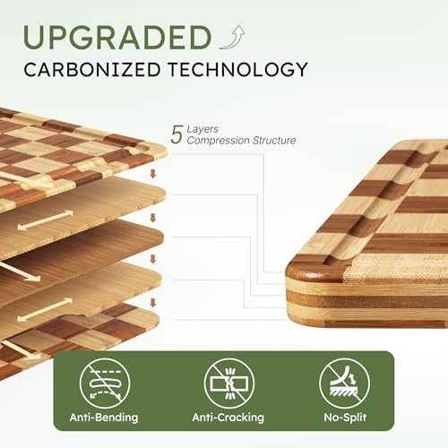 Set of 3 Wooden Checkered Cutting Boards with Holder - Non-Toxic Bamboo Kitchen Chopping & Serving Platters
