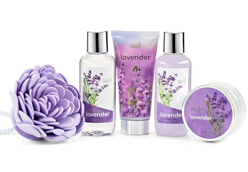 Lavender Bath and Body Gift Set for Women in Wicker Basket - Relaxing Spa Collection