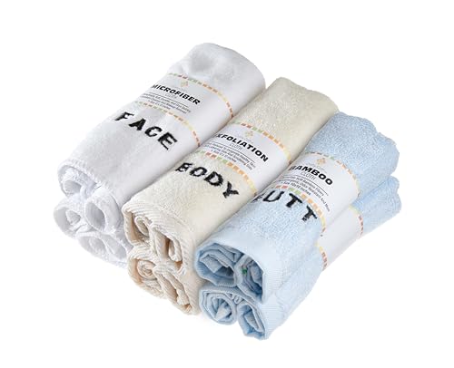 Crafty Cloth 6-Piece Washcloth Set with Embroidered Labels - Face, Body & Butt Fabrics - Beige, Blue, White