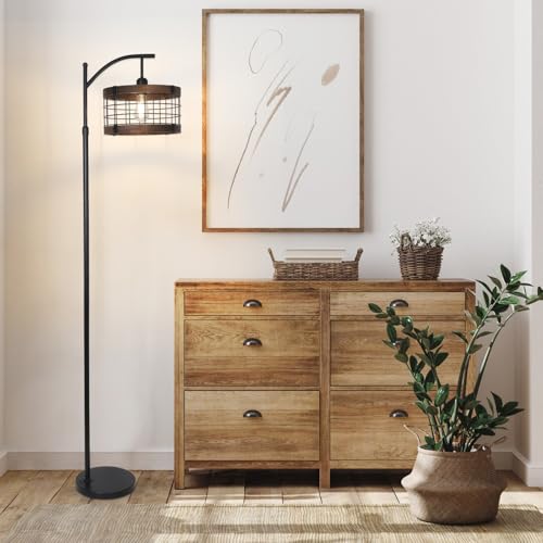 Vintage Industrial Floor Lamp with Remote Dimmable LED, Rustic Tall Standing Light for Living Room & Bedroom