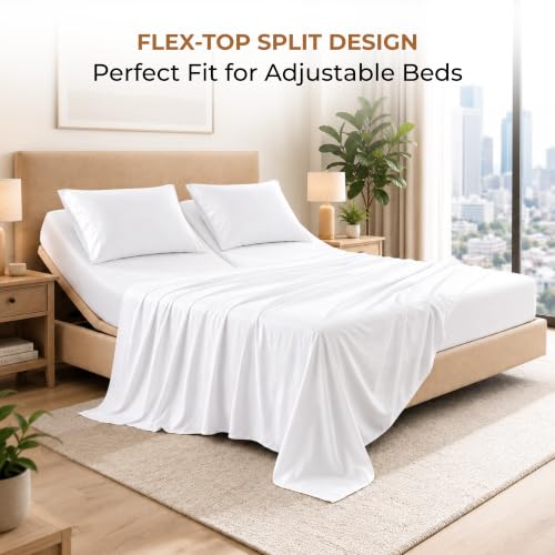 King Split Head Flex Top Bed Sheet Set - 100% Egyptian Cotton, 600 Thread Count, Adjustable Fit - White Solid (34 Inch Split) - 4 Piece