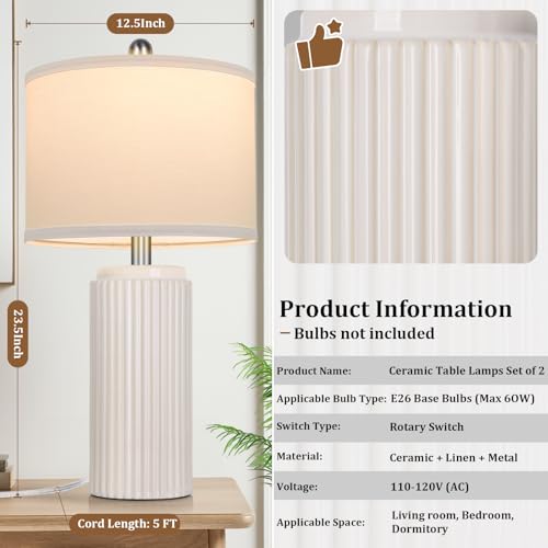 Cream Ceramic Table Lamps Set of 2 - 23.5 Inch Modern Nightstand Lamps - Variation Cream-1