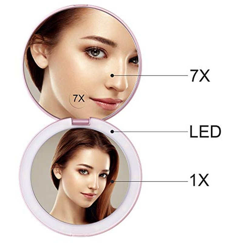 Gospire 5" Lighted Travel Makeup Mirror 1X/7X Magnifying Double Sided, Super Large LED Compact Portable Handheld Pocket Illuminated Cosmetic Vanity Mirror with Battery for Makeup Bag