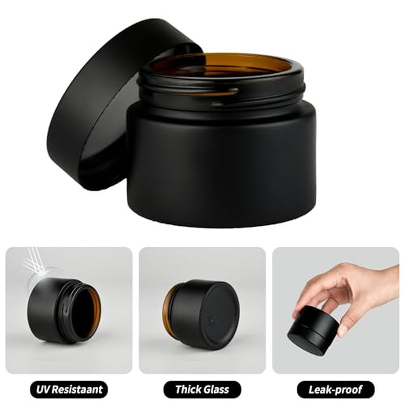 2 oz Reusable Black Glass Container Jars 24 Pack with Wide-mouth Leak Proof Cap and Inner Pull-On Lid for Travel Storage Makeup, Face Creams, Body Lotions, DIY Crafts or Others