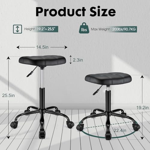 Square Rolling Stool with Wheels Height Adjustable Swivel Stool Chair for Salon Massage Spa Stable Foot Base Black