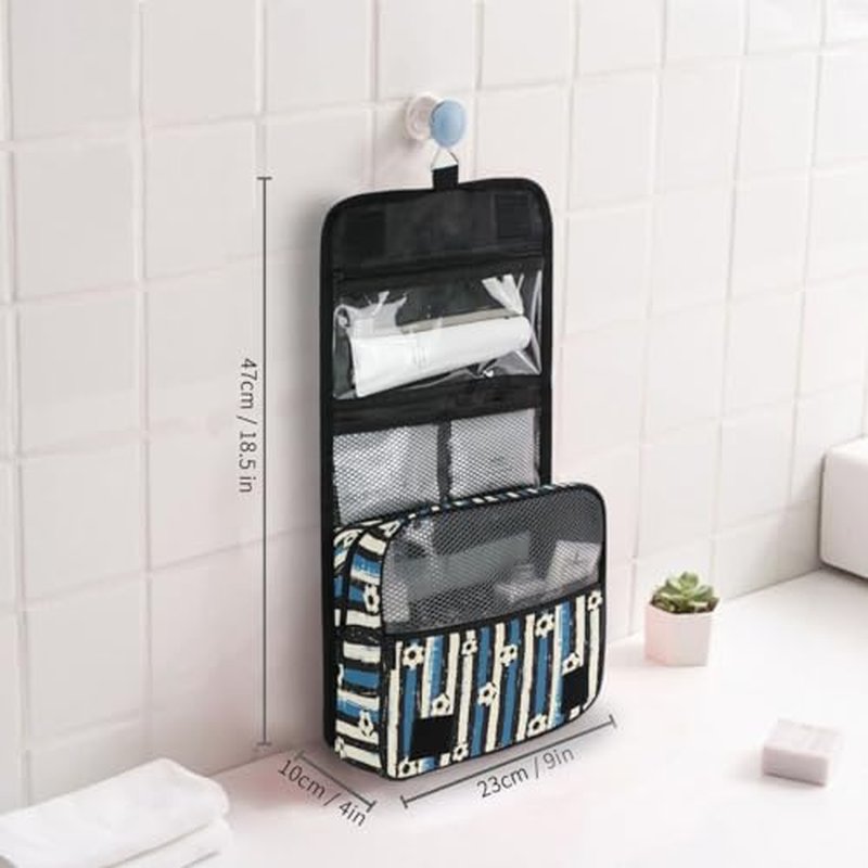 Hanging Travel Toiletry Bag Blue Black Stripes Soccer Balls Kit Makeup Case Cosmetics Organizer for Men Women