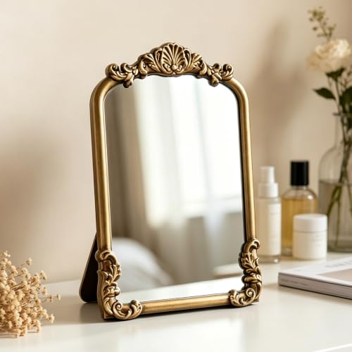 Vintage Small Vanity Mirror with Stand - Gold 12L x 8.5W Antique Table Desk Mirror