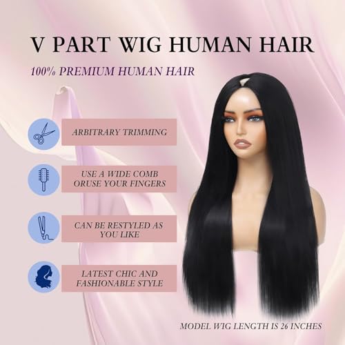 V Part Human Hair Wig 22 Inch Straight No Leave Out No Sew for Black Women - 1B