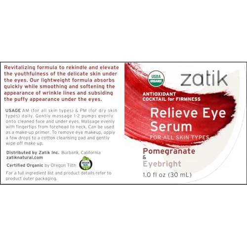 Zatik Naturals - Relieve Eye Serum with Pomegranate and Eyebright Antioxidant, USDA Certified Organic, Rekindle and Elevate Youthfulness Around Thin Areas of the Eyes, 1.0 fl oz, 30ml