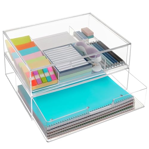 Stackable Plastic Drawer Organizer Set - Clear, 12.5 Inch with Open & Divided Drawers, Multipurpose Office & Home Storage - Variation: Clear Open Divided 2pk