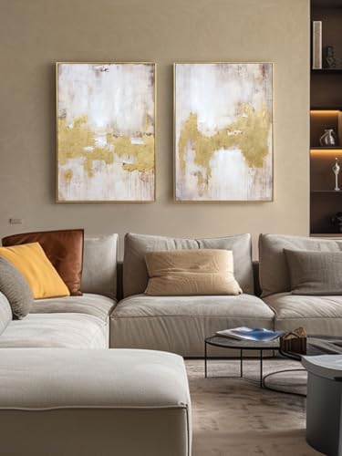 Zessonic Gold & Neutral Abstract Hand-Applied Wall Art 20x28 (2 Panels) Gold Diptych, Framed