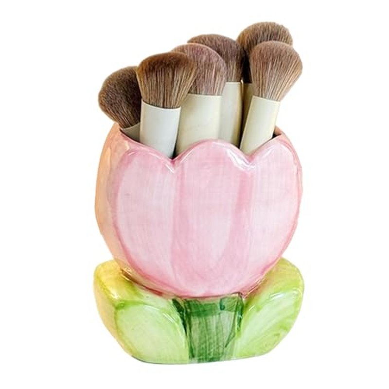 1 PC Ceramic Tulip Make up Brush Holder Flower Toothbrush Holder Cosmetic Storage Box Pen and Pencil Holder Desktop Organizers (Pink)