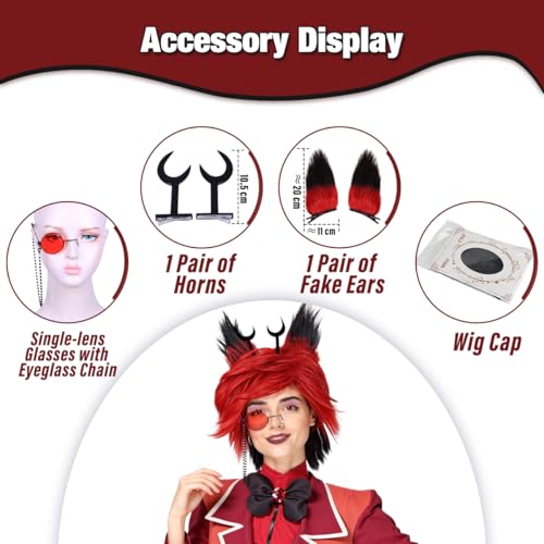 Red and Black Cosplay Wig with Ears, Horns & Glasses for Halloween - Variation of THIS listing