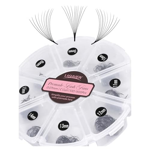 LASHVIEW 600 Premade Volume Eyelash Extensions Mixed Tray Fans C Curl Pointed Handmade Loose Fans Thin Base (10D-0.07C,8-15mm)