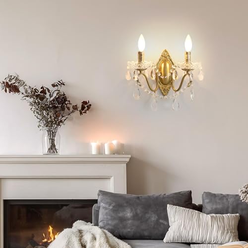 14-Inch Vintage Crystal Wall Sconces Set of Two - Bright Gold Finish with Bulbs