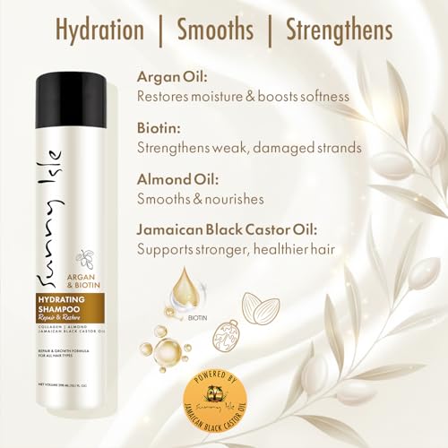 Sunny Isle Argan and Biotin Hydrating Shampoo - Collagen, Almond, Castor Oil, Moisturizing - 10.1 oz