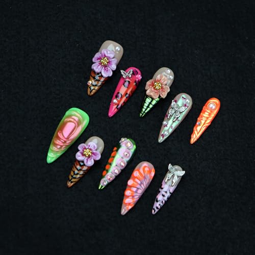 Colorful Flower 3D Floral Butterfly Press-On Nails Long Stiletto Fake Nails for Women Spring Manicure S