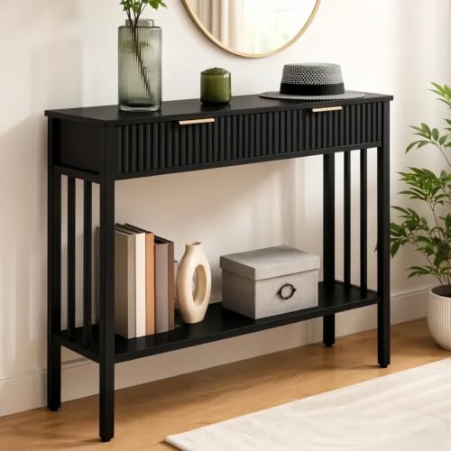 MAHANCRIS 39.4-Inch Black Fluted Console Table with 2 Drawers, Entryway Storage