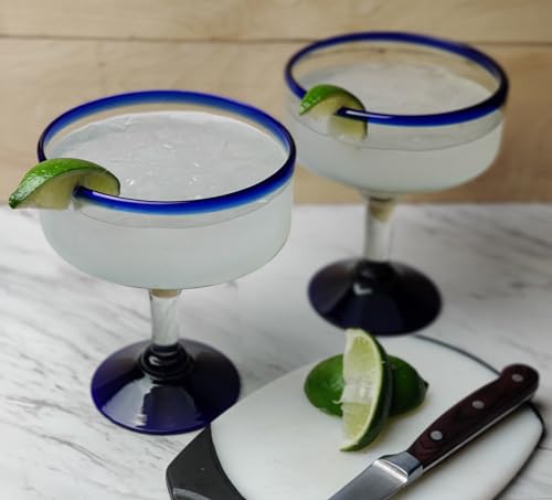 Mexican Hand Blown Glass Drinkware Set - 4 Margarita Glasses & Pitcher - Blue Rim