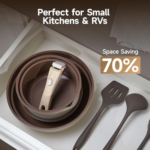 17-Piece RV Cookware Set with Detachable Handle, Nonstick Ceramic Pots & Pans