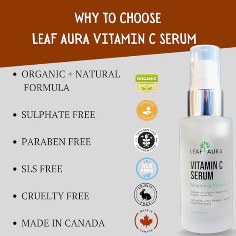 Leaf Aura Vitamin C Serum, Sulphate-Free, Organic+ Natural Formula, Brightens Uneven Skin, Made In Canada, 29.5ml