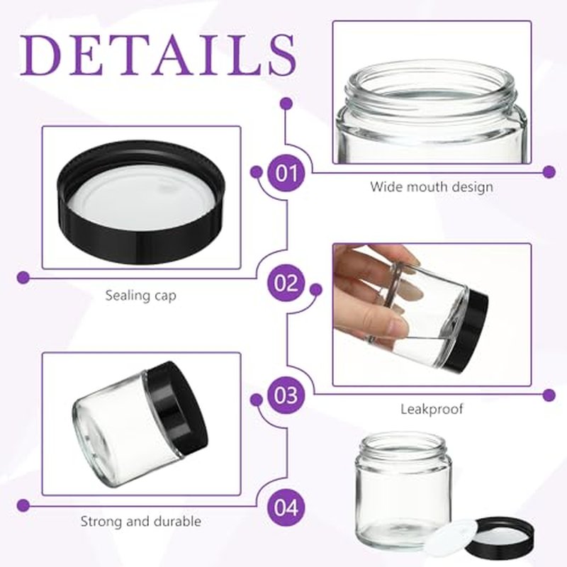 48 Pcs 4 oz Clear Glass Jars with Black Lids Leakproof Round Airtight Jars Empty Cosmetic Jars with Inner Liners Lid for Candle Making Storing Lotions Spice Powder Liquid Sample Makeup (Black,clear)