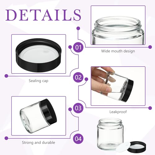 48 Pcs 4 oz Clear Glass Jars with Black Lids Leakproof Round Airtight Jars Empty Cosmetic Jars with Inner Liners Lid for Candle Making Storing Lotions Spice Powder Liquid Sample Makeup (Black,clear)