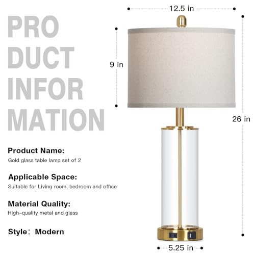 Luxeflow 26-Inch Gold Glass Table Lamps Set of 2 with USB-C, Outlets & Dimmable Touch Control - Modern Bedroom & Living Room Decor