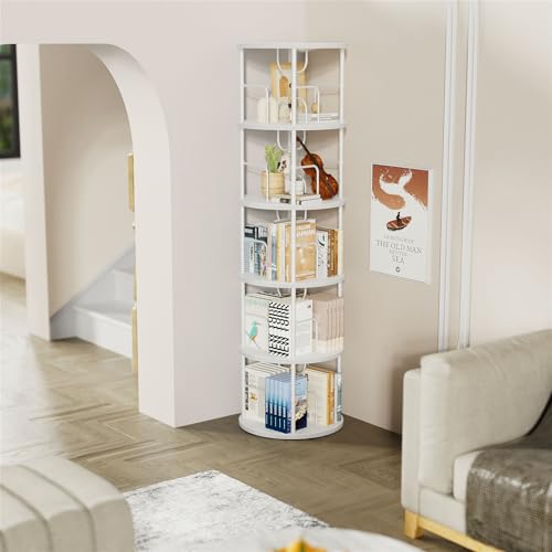 Round 5-Tier Rotating Bookshelf - White Tall Corner Spinning Bookcase