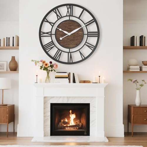 Large Walnut Roman Numeral Wall Clock - 30 Inch Wall Decor with Black Walnut Finish