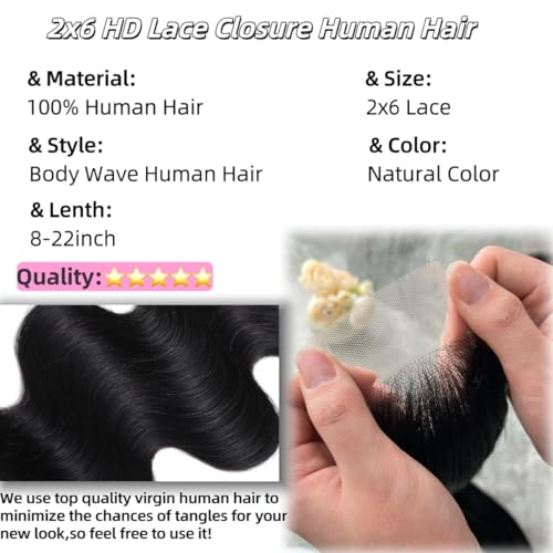 2x6 HD Lace Closure Body Wave Human Hair 12 Inch Natural Color - Brazilian Virgin, Middle Part, Baby Hair, Transparent HD Lace, Variation of THIS listing