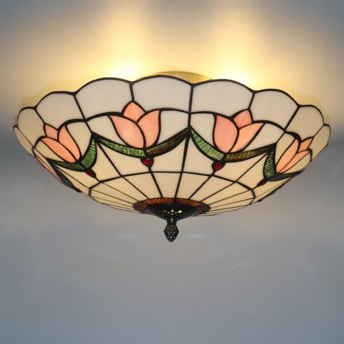 16 Inch Tiffany Style Stained Glass Ceiling Light Flush Mount Pink Variation