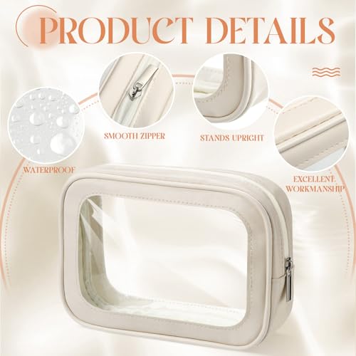 Abbylike 10 Pcs Clear Makeup Bags Bulk TSA Approved Clear Toiletry Bags with Zipper PU Leather Transparent Waterproof Travel Makeup Toiletry Organizer for Women Girls Wedding Bridal Gifts(Beige)