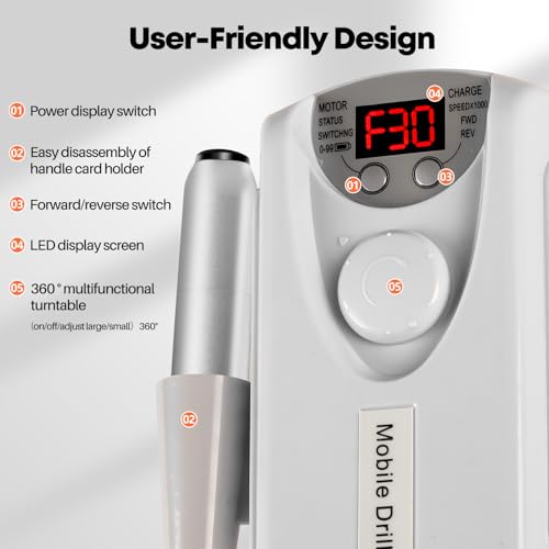 Electric Nail Drill Portable Nail Drill Professional 30000 RPM 13 Salon Quality Drill bits 50 Sanding Bands Portable & Low Noise for Acrylic Nails Gel Polishing Removing Bits Kit for Home Use