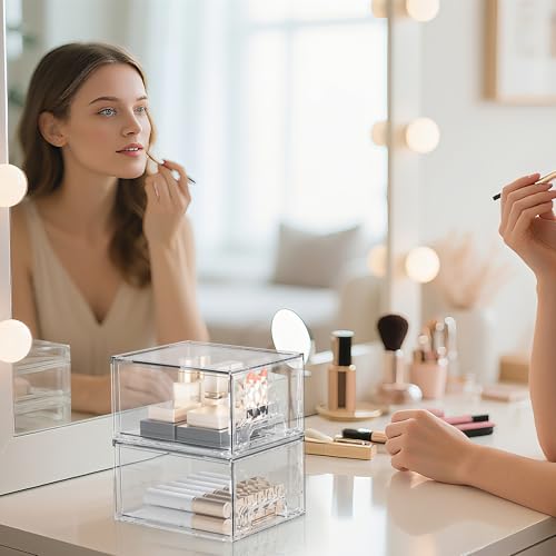Delamu 6 Pack Stackable Storage Drawers, Makeup Skincare Holder Vanity Storage Organizer, Plastic Drawers For Vanity Desk, Undersink, Kitchen Cabinet, Pantry, Clear, Ideal Christmas Gifts for Girls