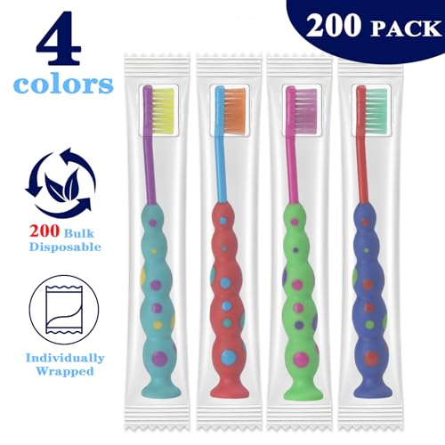 Akulgaci 200 Pack Candy Kids Toothbrushes with Soft Bristles, Suction Cups & Travel Covers - Individually Wrapped (Candy Design)