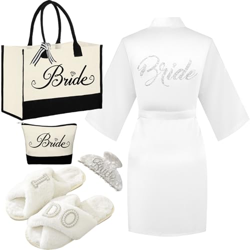 Bride Gift Set Tote Bag Cosmetic Bag Robe Slippers Hair Clip for Wedding Day - Variation of Tote Bag + Cosmetic Bag + Robe + Clip + Slippers
