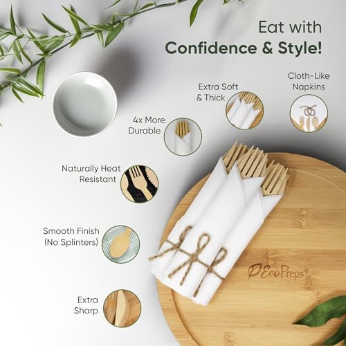 100 Pack EcoPreps Biodegradable Bamboo Cutlery & Napkin Set - Disposable Party Tableware